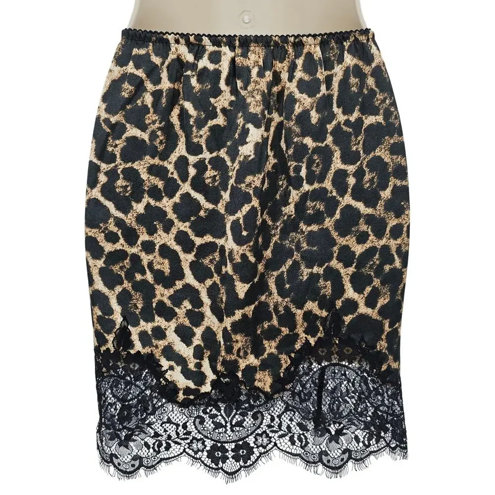 Topshop Womans size 10 Leopard Print Lace Hem Mini Satin Slip Skirt Black Brown